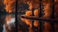 the reflection of vibrant autumn leaves in a lake in dark gloomy weather - landscape photography , nature wallpaper