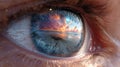 Reflection of a vibrant sunset over the ocean in close-up view of a human eye Royalty Free Stock Photo