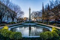 Reflection of the washington Monument from the pond in Mount Vernon Baltimore, Maryland