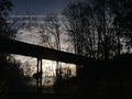 Reflection in the water, bridge and trees are reflected on the water surface.