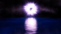 Reflection on water with bright glowing circle at night. 3d Rendering. Peaceful Abstract Background