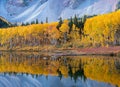 Reflection of yellow aspens in the lake with snow covered mountains in background. Generative AI Royalty Free Stock Photo