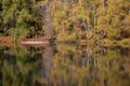 Reflection of yellow autumn leaves with wooden alcove in blue water