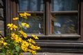 Reflection of yellow flowers in the windows of rustic house Royalty Free Stock Photo