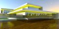Reflection of yellow glowing facade decor on the decked terrace of the contemporary private mansion with glass panoramic facade. Royalty Free Stock Photo
