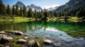 Reflections of blue sky and white clouds on a calm alpine lake Royalty Free Stock Photo