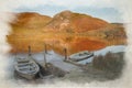 Reflections of Bryn Gwyn, and Clogwyngarreg. A digital watercolour painting from the Eryri National Park, Wales