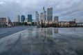 Reflections in Frankfurt am Main. Great reflection in puddles. The city, skyscrapers and streets are reflected in the water Royalty Free Stock Photo