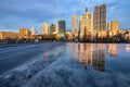 Reflections in Frankfurt am Main. Great reflection in puddles. The city, skyscrapers and streets are reflected in the water