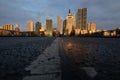 Reflections in Frankfurt am Main. Great reflection in puddles. The city, skyscrapers and streets are reflected in the water