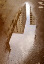 Reflections of high buildings on the puddle in sepia color