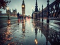 Reflections of an illuminated clock tower and historic architecture cast on a wet pedestrian bridge during twilight with blurred Royalty Free Stock Photo