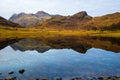 Reflections of the Langdale Pikes mountains in the still water of Blea Tarn in Lake District, UK Royalty Free Stock Photo