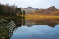 Reflections of the Langdale Pikes mountains in the still water of Blea Tarn in Lake District, UK Royalty Free Stock Photo