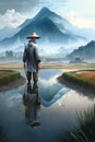 Reflections of Life: Chinese Farmer on Rice Paddy amid Picturesque Landscape