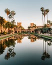 Reflections in the Lily Pond and historic architecture at Balboa Park, in San Diego, California Royalty Free Stock Photo