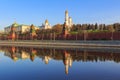 Reflections of Moscow Kremlin buildings on the water surface of Moskva river in spring sunny morning Royalty Free Stock Photo