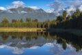 Reflections of Mount Cook and Mount Tasman in Lake Matheson, Fox Glacier New Zealand. Royalty Free Stock Photo