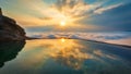Sunset reflections over infinity pool with cloudscape and sun rays Royalty Free Stock Photo