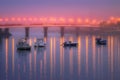 Reflections in Plentzia bridge on foggy night Royalty Free Stock Photo