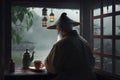 Reflections of Serenity: An Elderly Chinese Man Contemplating by the Lake in a Tea House