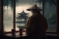 Reflections of Serenity: An Elderly Chinese Man Contemplating by the Lake in a Tea House