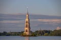 Reflections of the sunset on the bell tower in Kalyazin