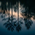 Reflections of trees are seen in calm water, creating a mirror-like effect. The surface slightly Royalty Free Stock Photo