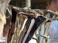 Reflections in trumpets during musical performance