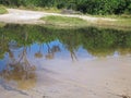 REFLECTIONS IN WATER LYING IN THE SAND ROAD IN BOTSWANA Royalty Free Stock Photo