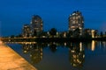 Reflections in water of the skyline of city of Zoetermeer, Holland at night