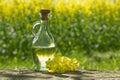 Canola or rapeseed flowers with oil glass decanter Royalty Free Stock Photo