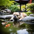 A Cool American Bully with a contemplative look sitting beside a tranquil pond