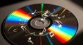 Reflective black CD shimmering with rainbow music notes Royalty Free Stock Photo