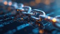 Reflective blockchain digital link with yellow and blue binary code. It symbolizes tech security, network connection, data Royalty Free Stock Photo