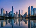 Reflective business low angle view of skyscrapers in sunny Business wallpaper with modern with mirrored