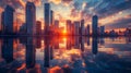 Reflective cityscape at sunset with skyscrapers along the waterfront Royalty Free Stock Photo