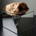 Cube with mirrored surfaces has a crumpled brown paper bag resting Royalty Free Stock Photo