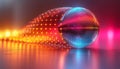 A reflective disco ball casting dynamic blue and red lights in a dark atmospheric setting Royalty Free Stock Photo