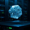 A reflective, faceted geometric object floats in front of blurred server racks illuminate Royalty Free Stock Photo