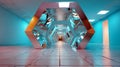A futuristic, reflective hallway with a hexagonal tunnel leading to an unknown destination. The blue and pink lighting creates a Royalty Free Stock Photo