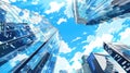 Reflective glass skyscrapers against a blue sky with clouds, Modern office buildings banner. Ai Generated Royalty Free Stock Photo