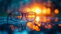 Reflective glasses resting on a surface with glowing bokeh background Royalty Free Stock Photo