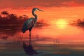 Reflective Heron lake sunset. Generate Ai