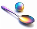 Reflective Iridescent Spoon and Shiny Sphere on White Background Royalty Free Stock Photo
