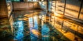 Reflective kitchen floor tiles gleaming with sunlight reflections. Generative AI Royalty Free Stock Photo