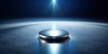 A reflective metallic disc rests on a smooth, dark surface, illuminated by a single, bright beam of light from above. Generative Royalty Free Stock Photo