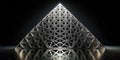 A reflective metallic pyramid structure composed of interlocking triangles, illuminated from above in a dark environment. Royalty Free Stock Photo