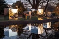 reflective metallic sculptures in an urban park