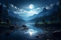 Reflective Moon night river. Generate Ai Royalty Free Stock Photo